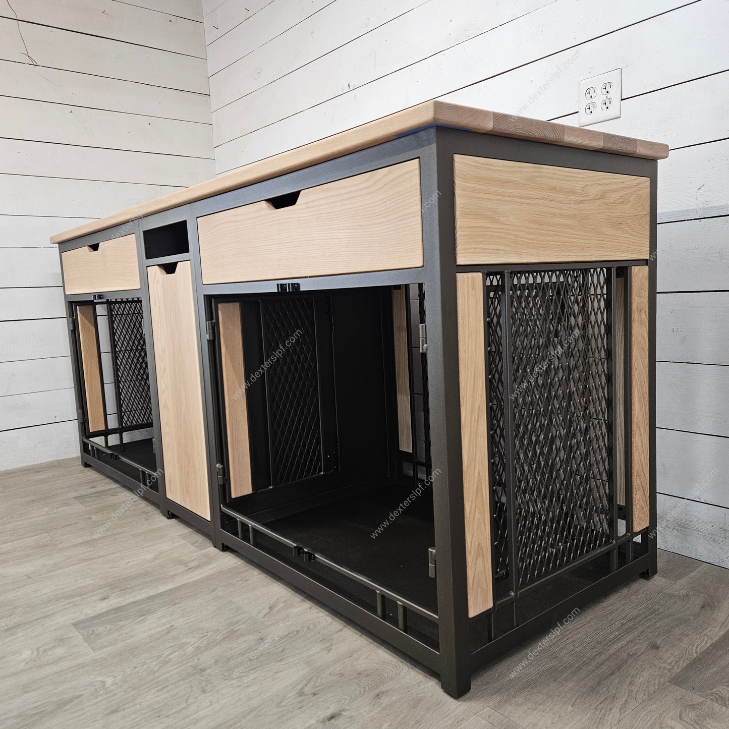 Finnian Custom Large (2x) with Drawers, and Food Storage Drawer, Double Dog Crate Furniture