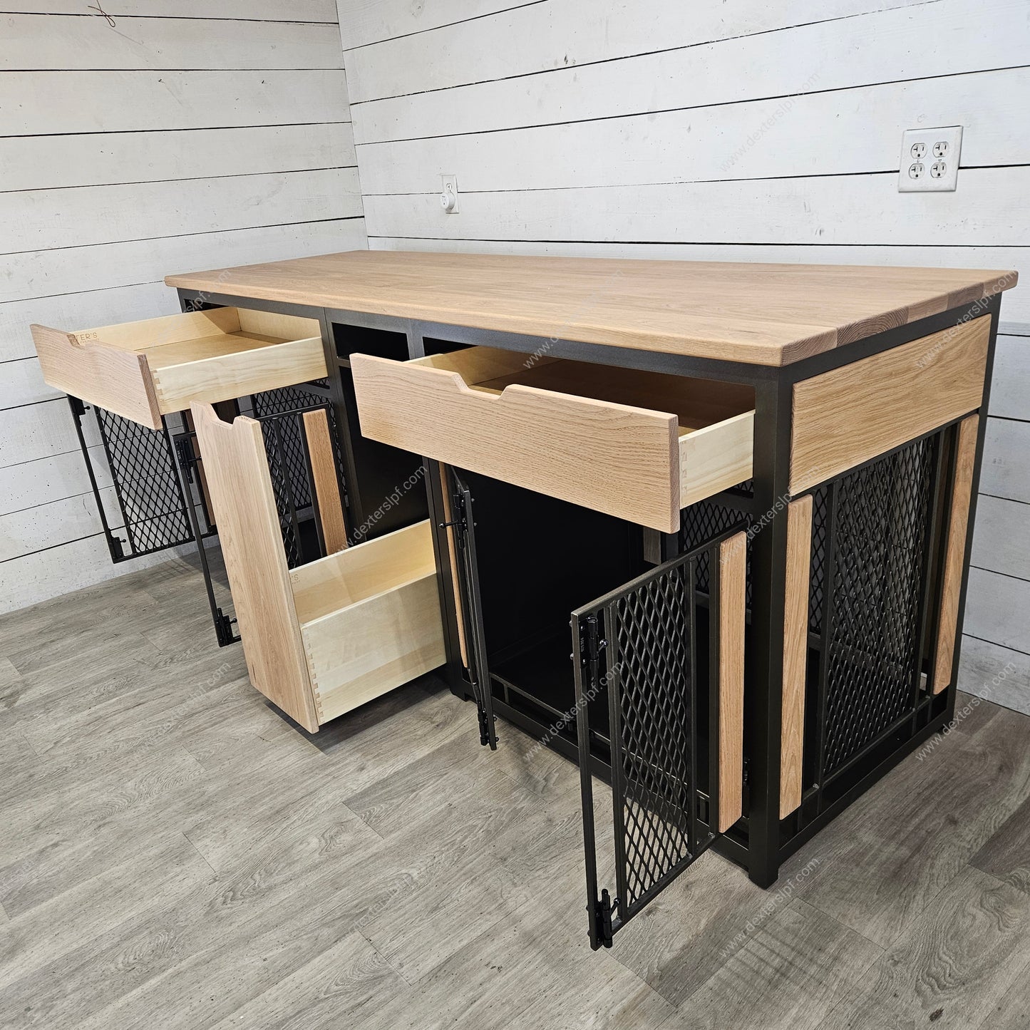 Finnian Custom Large (2x) with Drawers, and Food Storage Drawer, Double Dog Crate Furniture