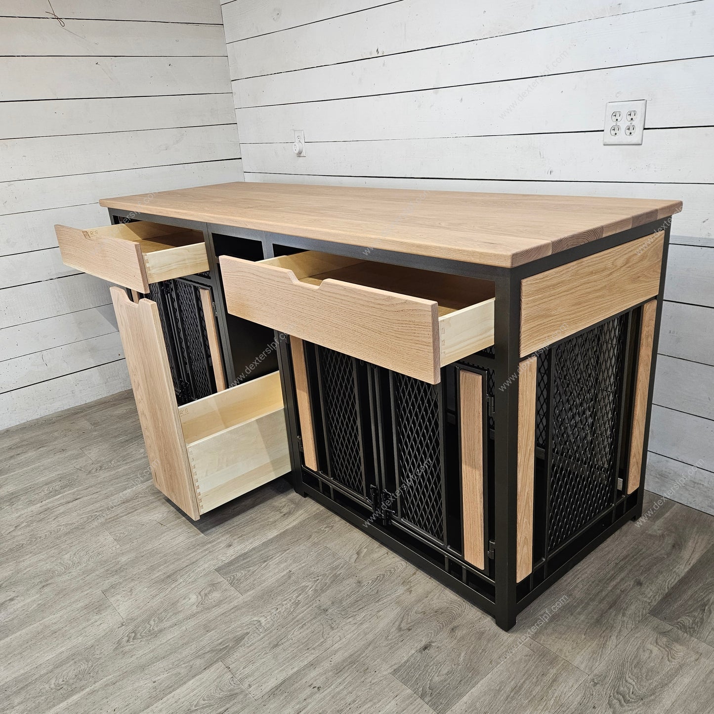 Finnian Custom Large (2x) with Drawers, and Food Storage Drawer, Double Dog Crate Furniture