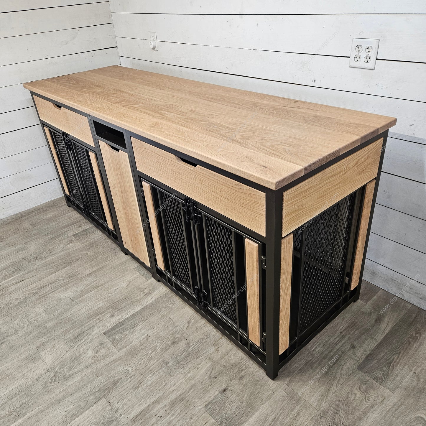 Finnian Custom Large (2x) with Drawers, and Food Storage Drawer, Double Dog Crate Furniture