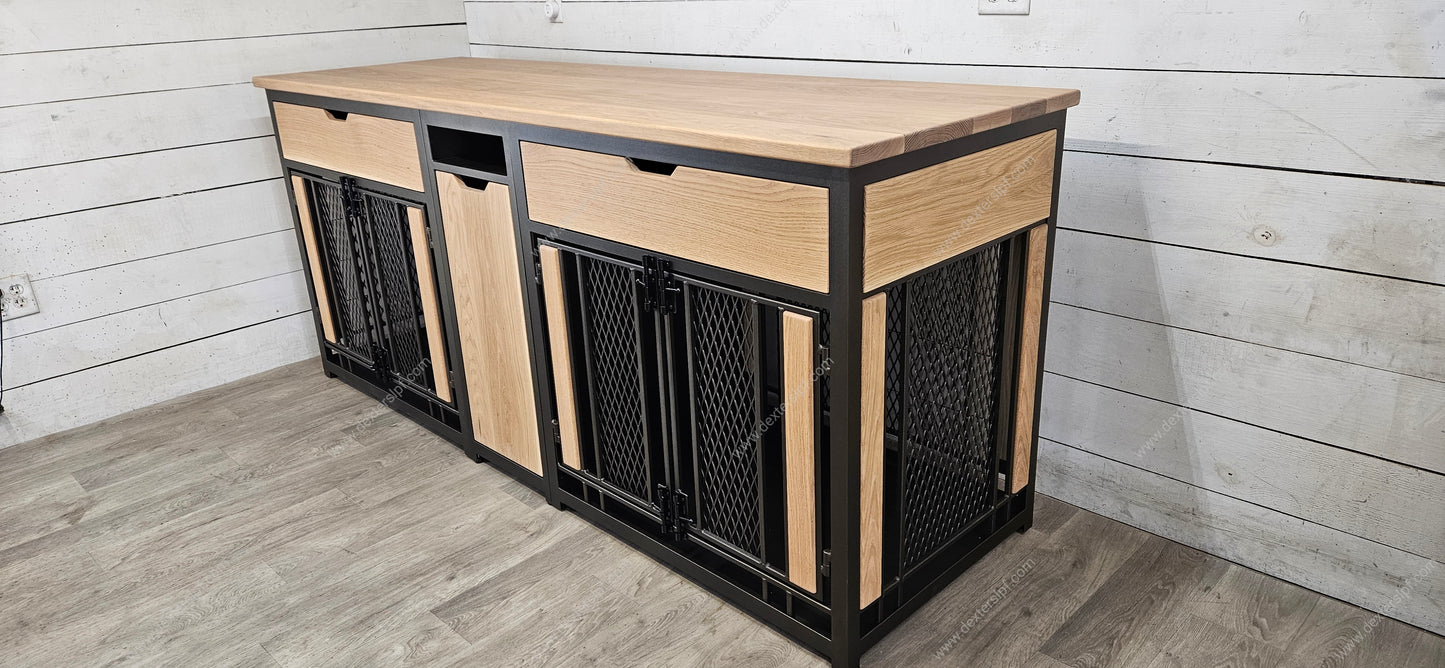 Finnian Custom Large (2x) with Drawers, and Food Storage Drawer, Double Dog Crate Furniture