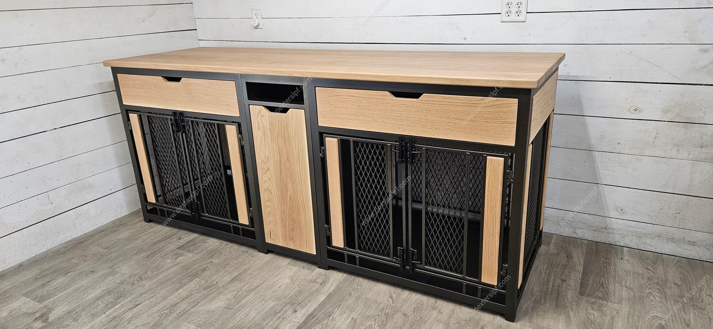 Finnian Custom Large (2x) with Drawers, and Food Storage Drawer, Double Dog Crate Furniture