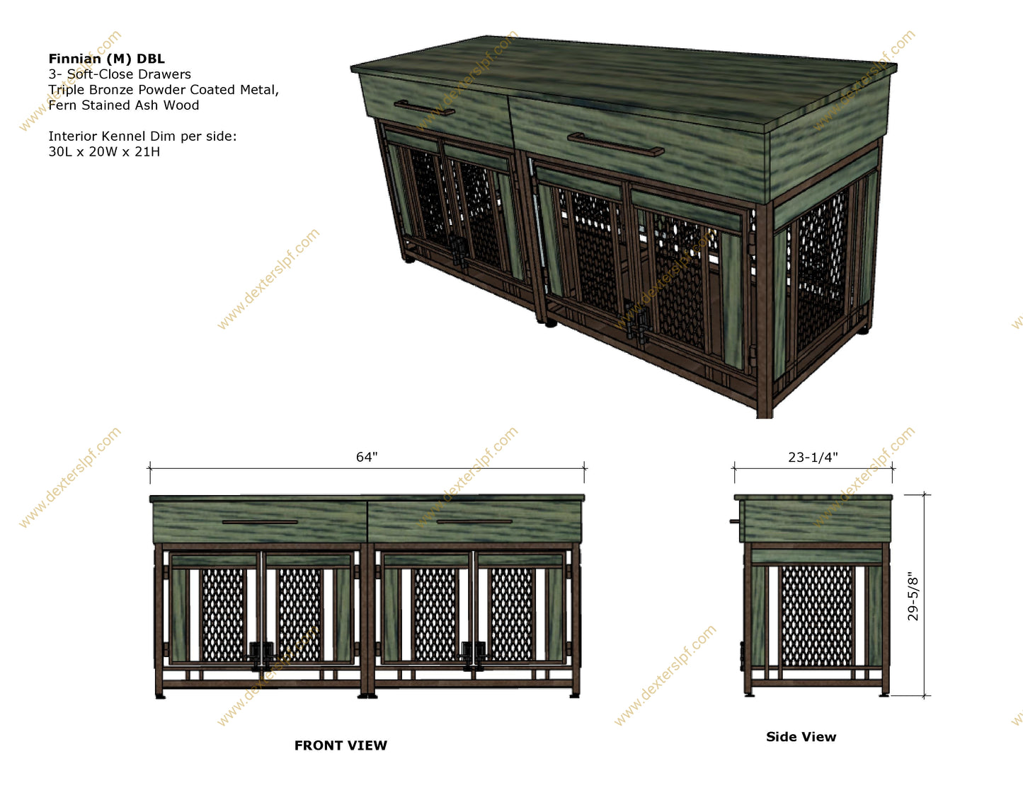 Down Payment | Finnian Medium Double Dog Kennel with Drawers | Luxury Pet Crate Furniture in Bronze & Fern Ash