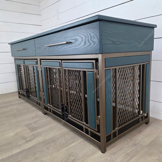 Finnian Medium Double Dog Kennel with Drawers | Luxury Pet Crate Furniture in Bronze & Fern Ash