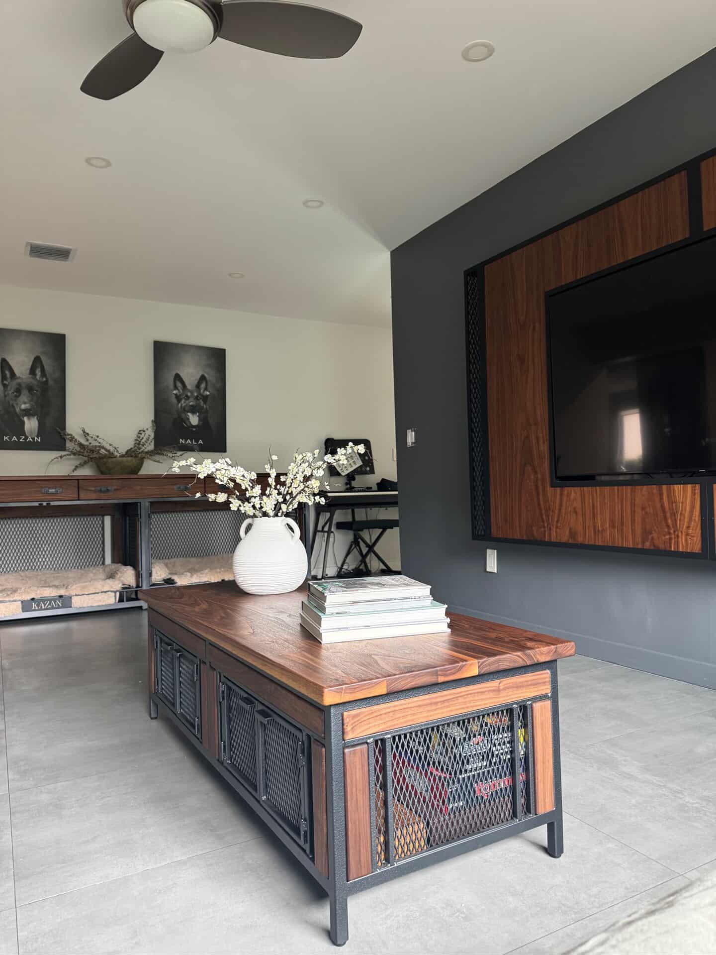 Finnian Style Coffee Table with Storage | Black Walnut & Textured Grey Metal | Modern Industrial Furniture