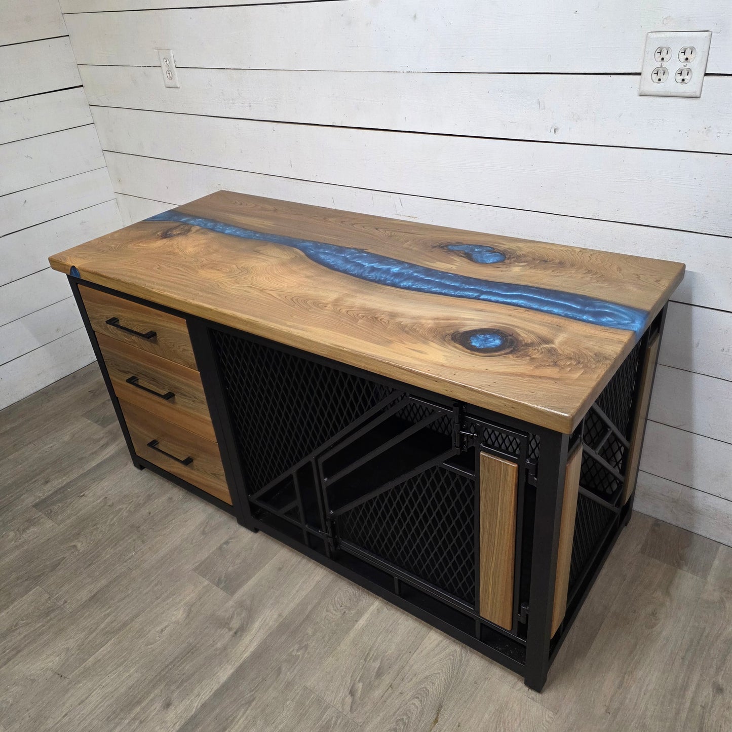 Remy Large Dog Kennel with Drawers and Epoxy River Table Top | Live Edge Wood Luxury Pet Furniture