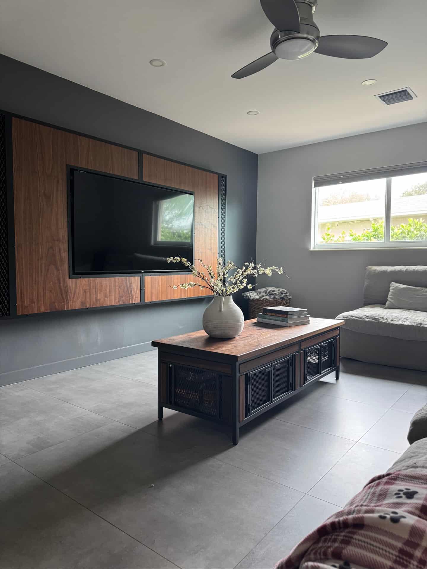 Finnian Style Coffee Table with Storage | Black Walnut & Textured Grey Metal | Modern Industrial Furniture