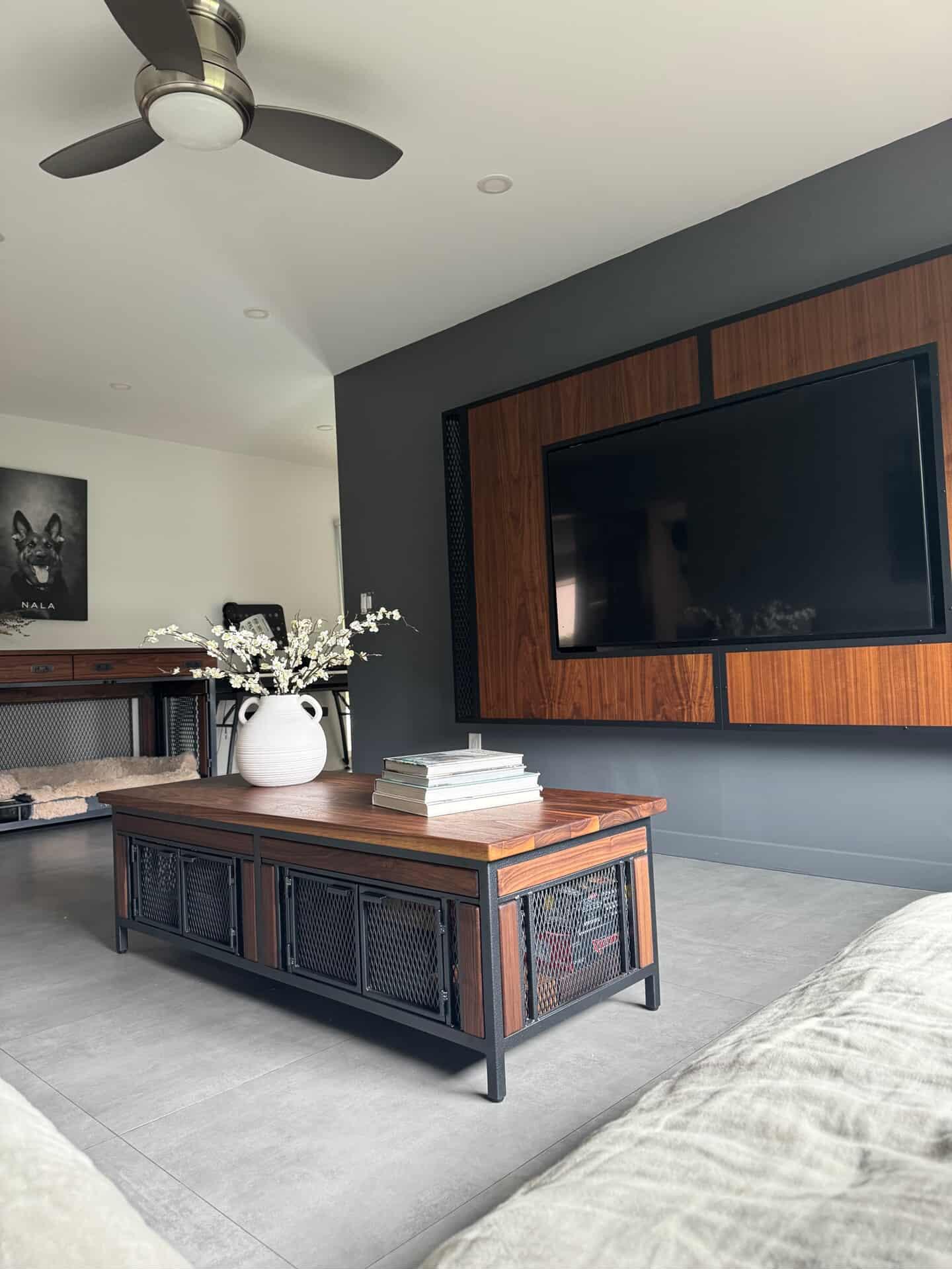 Finnian Style Coffee Table with Storage | Black Walnut & Textured Grey Metal | Modern Industrial Furniture