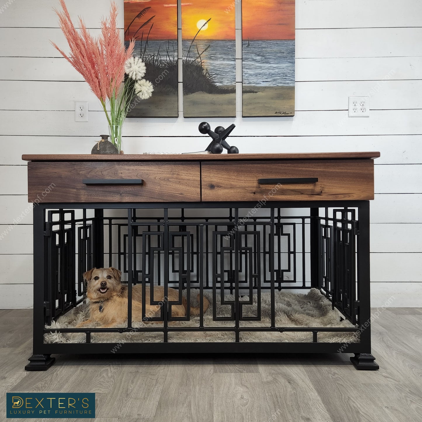 Layla Medium Double Dog Crate Furniture | Modern Double Dog Kennel | Custom Dog Crate with Soft-Close Drawers