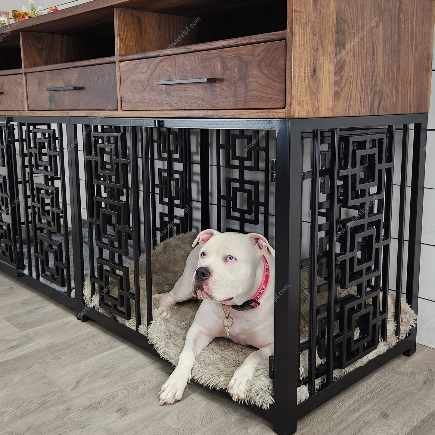 Sebby Large Double Dog Crate with Media Shelves & Drawers | Stylish Pet Furniture