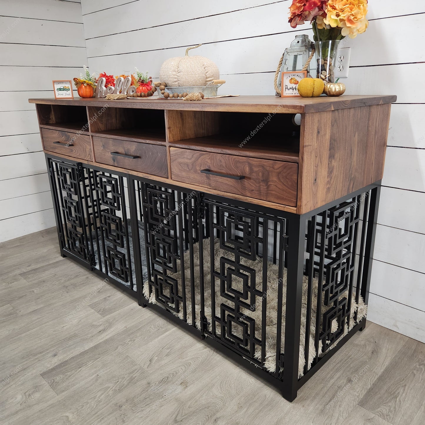 Sebby Large Double Dog Crate with Media Shelves & Drawers | Stylish Pet Furniture