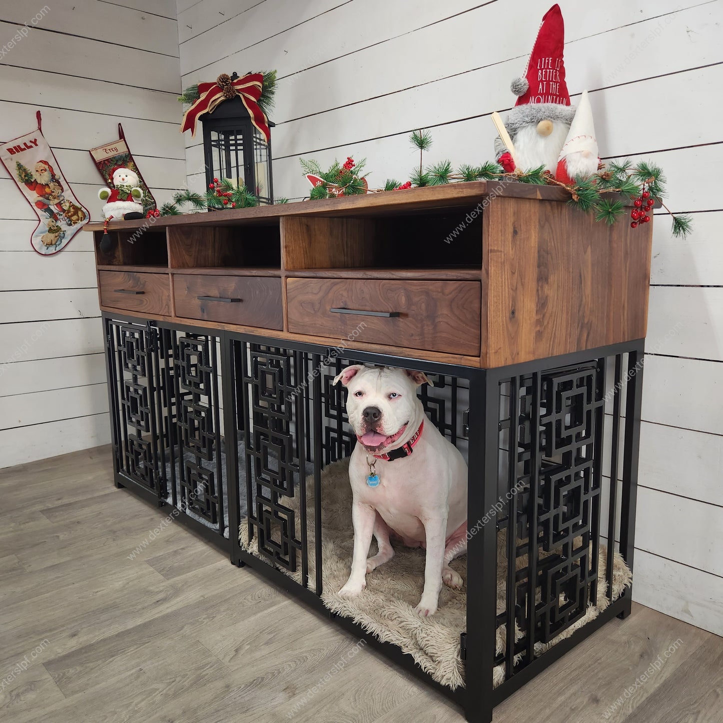 Sebby Large Double Dog Crate with Media Shelves & Drawers | Stylish Pet Furniture