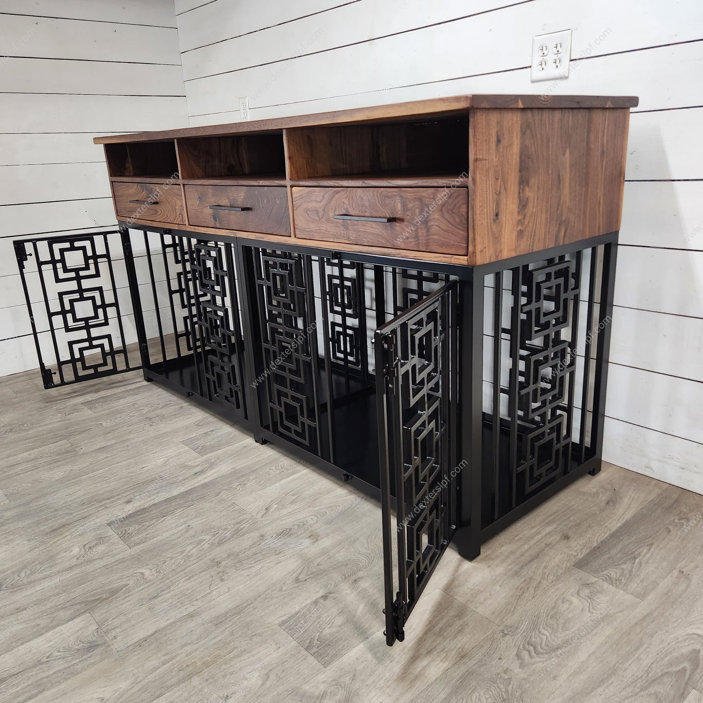 Sebby Large Double Dog Crate with Media Shelves & Drawers | Stylish Pet Furniture