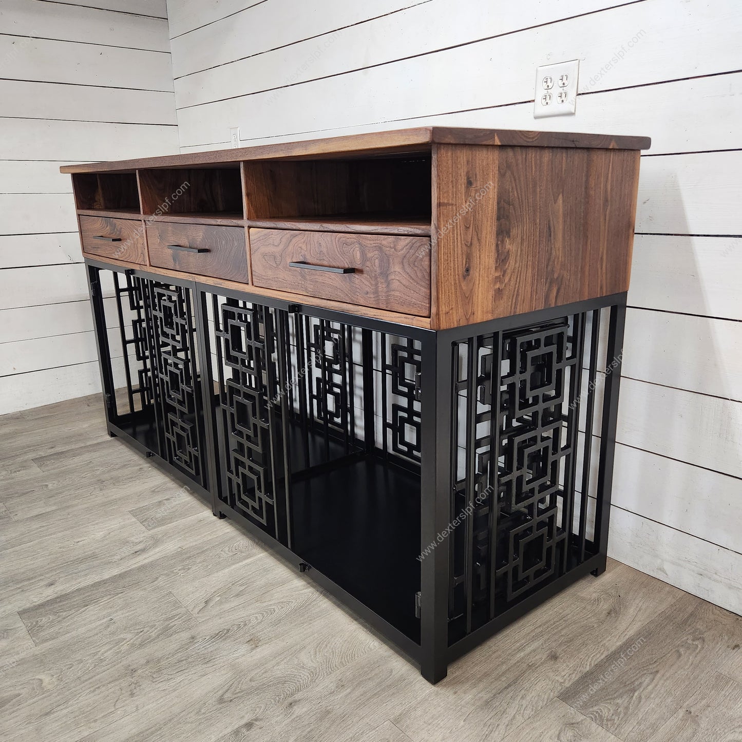 Sebby Large Double Dog Crate with Media Shelves & Drawers | Stylish Pet Furniture