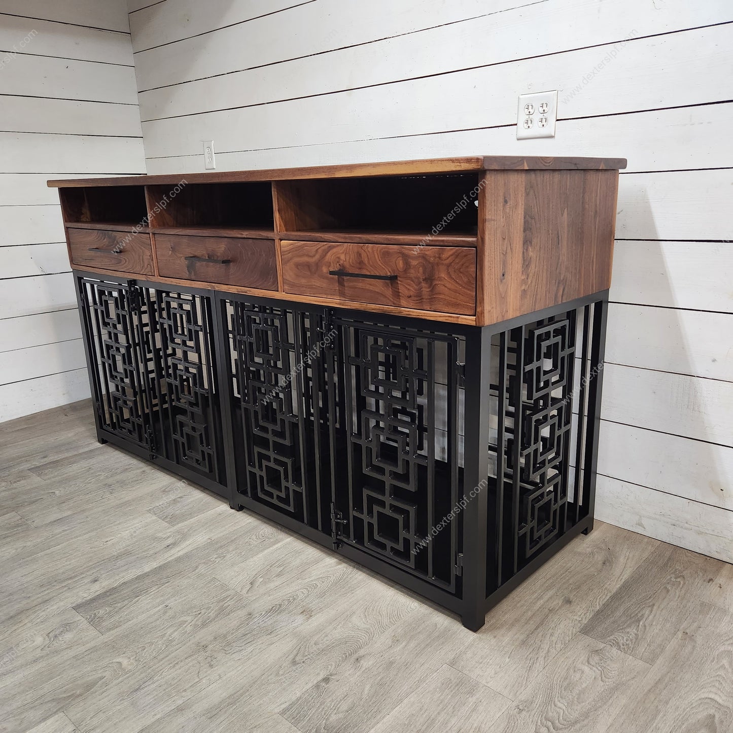 Sebby Large Double Dog Crate with Media Shelves & Drawers | Stylish Pet Furniture