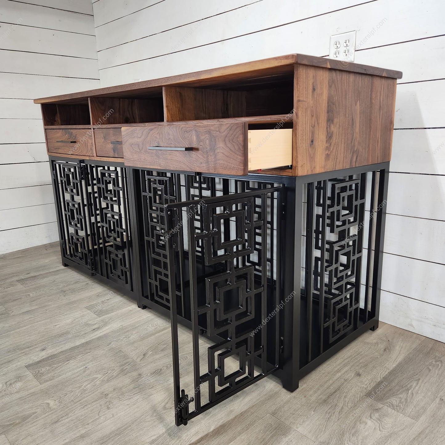 Sebby Large Double Dog Crate with Media Shelves & Drawers | Stylish Pet Furniture