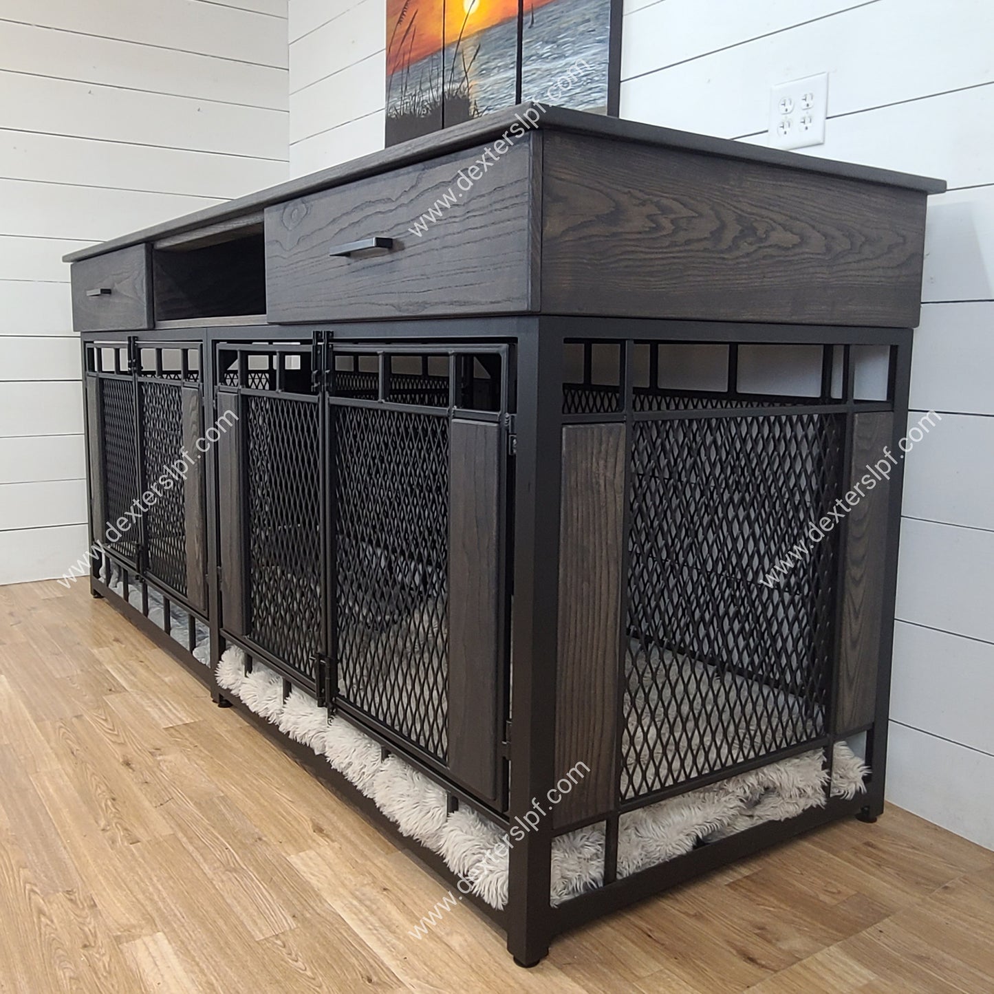 Raven X-Large Double Dog Kennel with Media Center | Modern Dog Crate Furniture