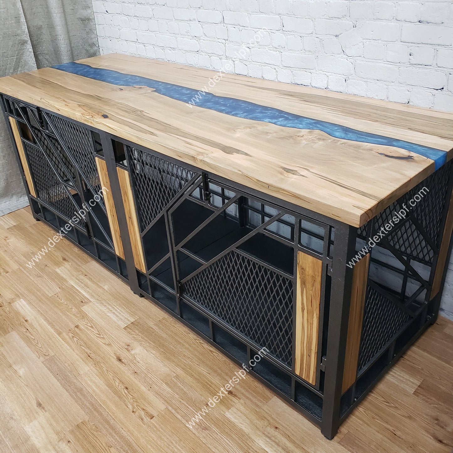 Remy X-Large Double Dog Kennel | Modern Dog Crate with Live Edge River Table