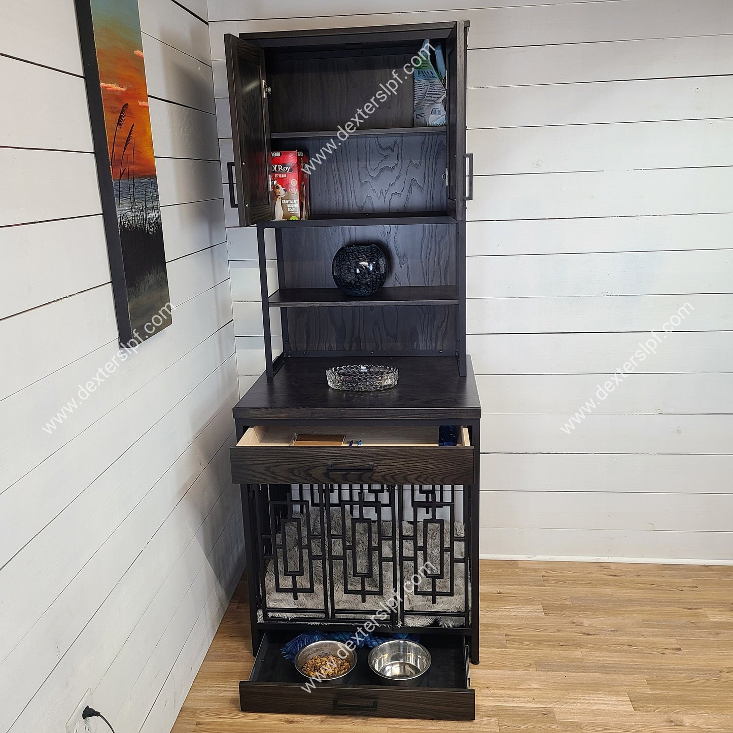 Duke Large Dog Feeding Station Hutch | Modern Dog Crate Furniture | Dog Kennel Storage Solution